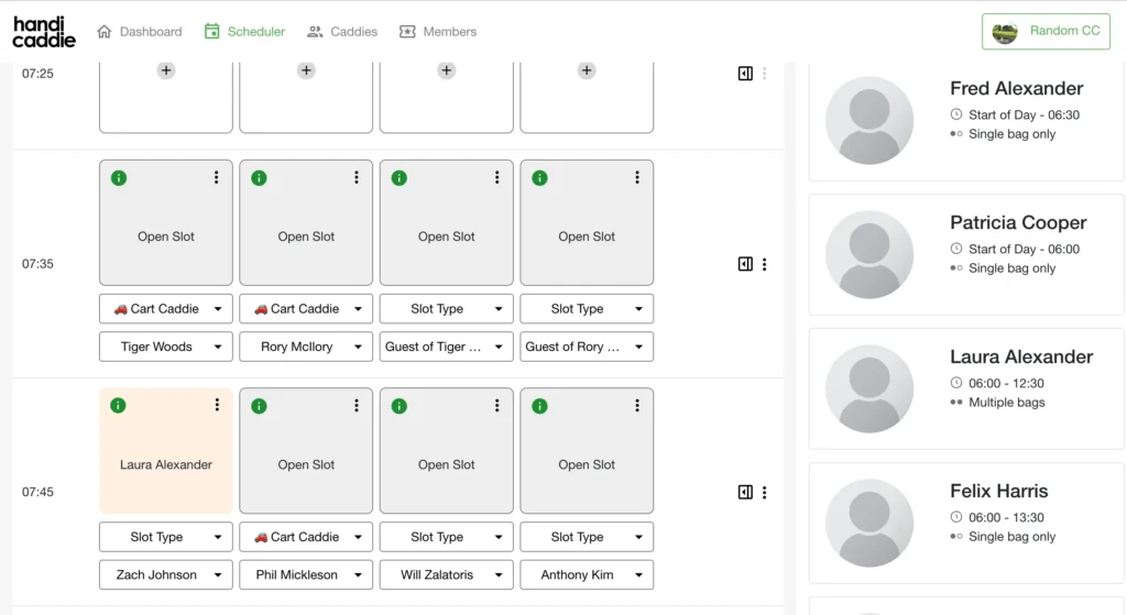 Handicaddie pulls caddie booking data from Whoosh, meaning assignments to the caddies app can be created in seconds.