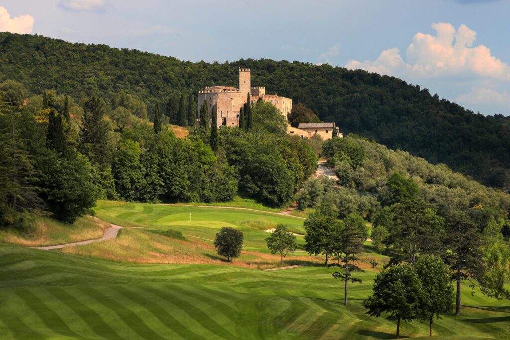 Antognolla Castle presides over the second hole at Antognolla Golf, a signature view within the historic hills of central Italy.